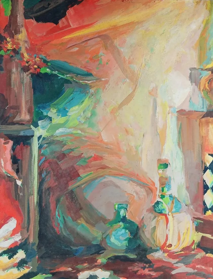 Vintage 1961 Mid Century Bold Abstract Bottle Still Life Painting - 5