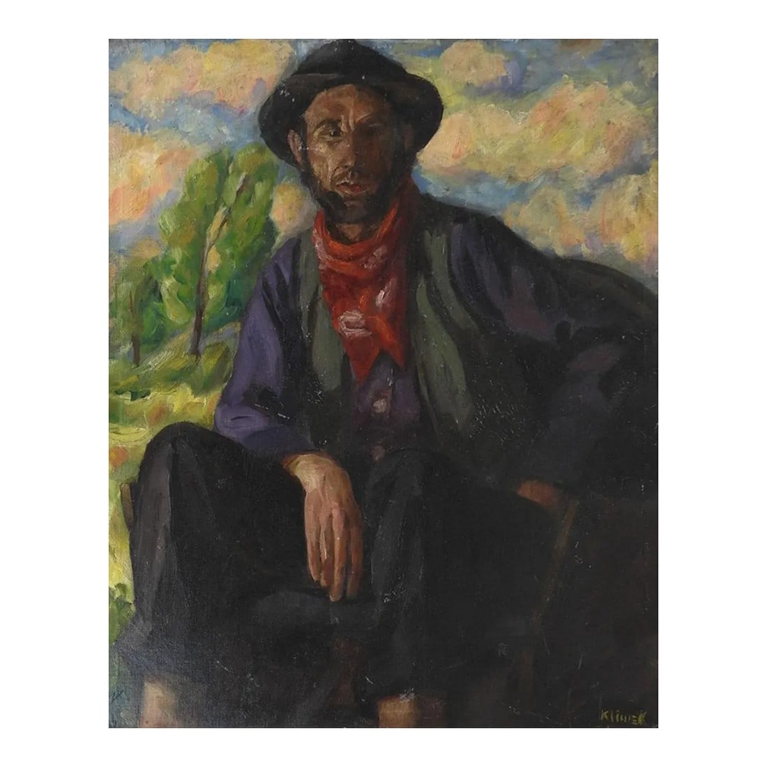 Vintage Continental Working Man Portrait Painting: Vintage european oil on canvas board portrait of working man with landscape background. Signed Klimek lower right corner. Red bandana and hat this bearded man looks ready for the outdoors. 