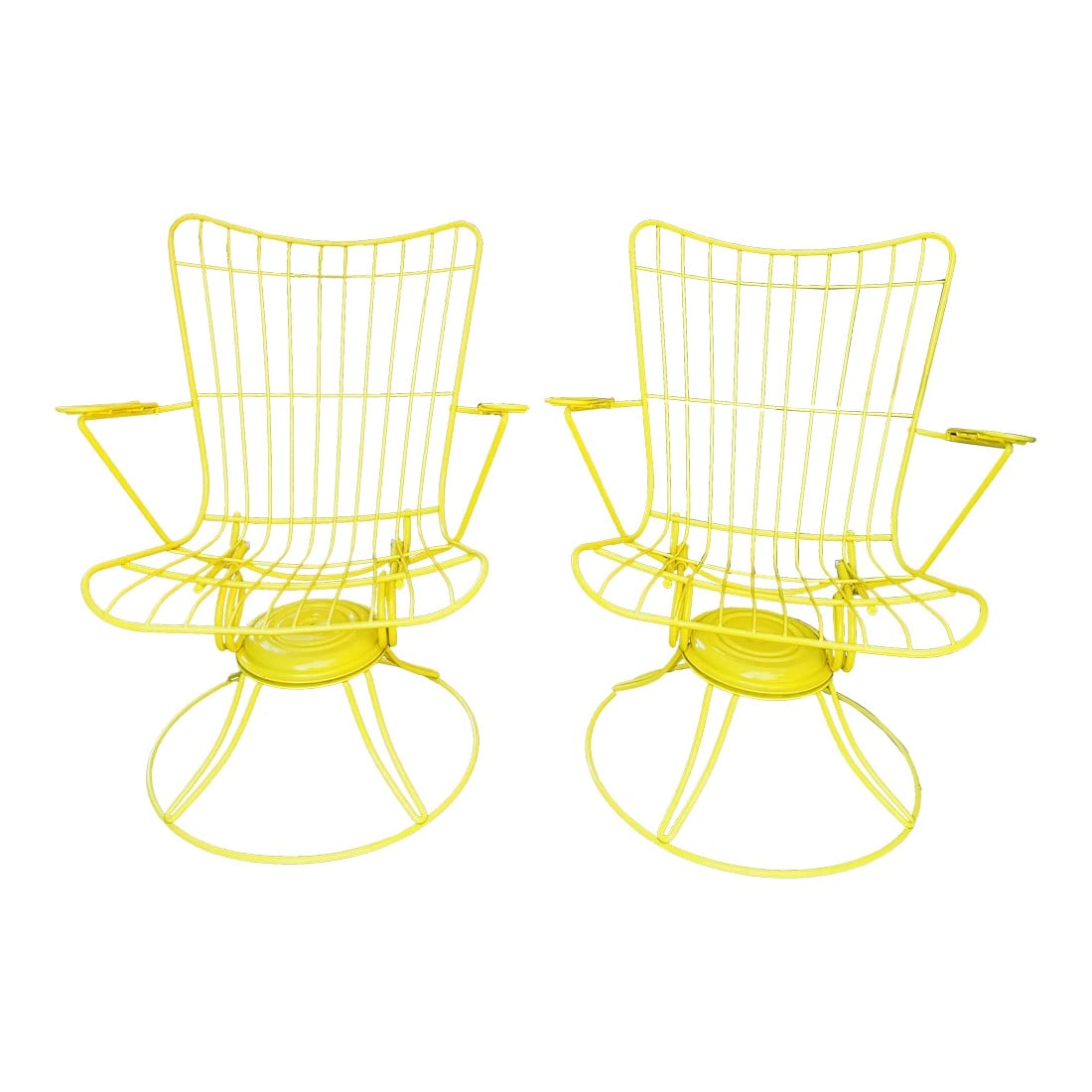 Mid-Century Homecrest Metal Wire Rocker Swivel Chairs - a Pair: Pair of vintage metal wire swivel chairs, Homecrest in the 1960s. Features white metal frames with a swivel, rocking and tilt design, that was the trademark of Homecrest's outdoor living Metal Wire