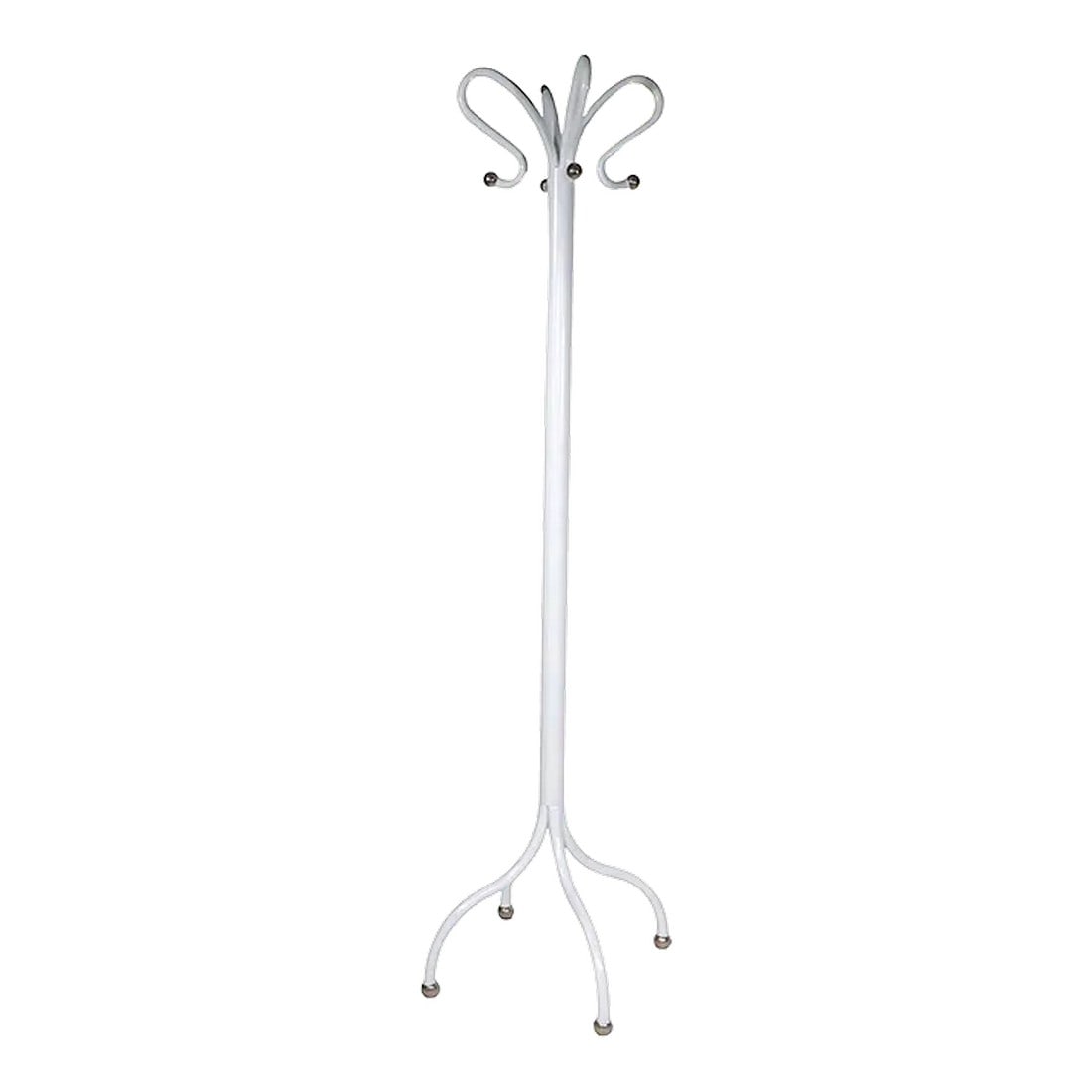 Four Hook Coat Rack Stand Newly Powder Coated to Bright White With Chrome Ball Fittings C 1930/1950': Chic and stylish freestanding coat tree in newly powder coated semi gloss white, with bright chrome ball finials and feet. The coat stand is sturdy and stable, very crisp and clean, ready to use condi