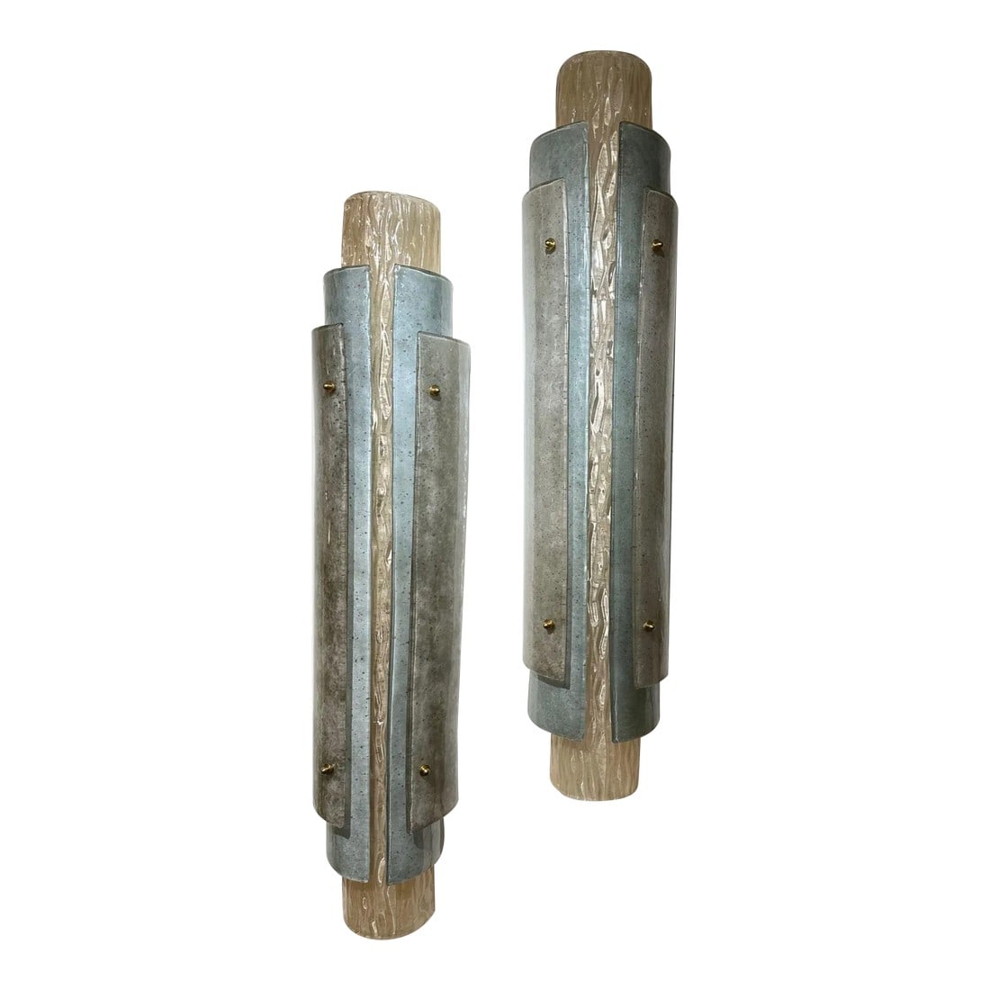 Pair of Large-Scale Modern Layered Murano Glass Sconces: Very fine pair of large scale modern layered Murano glass sconces. Beautiful colors of silver, gold and champagne colored glass. Creates a huge presence. Fabulous! Condition: Alterations: Unknown