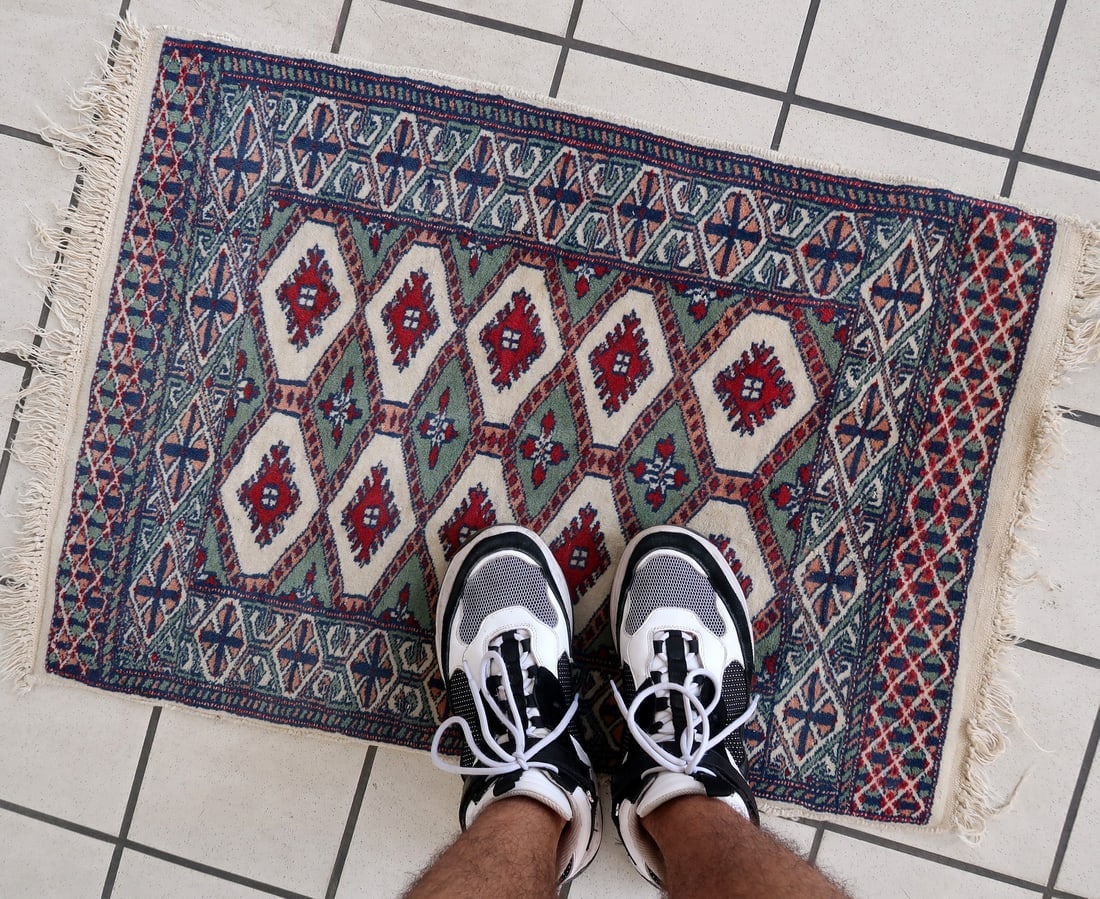 Handmade vintage Uzbek Bukhara rug 1.8' x 2.7' (56cm x 83cm) 1970s - 8