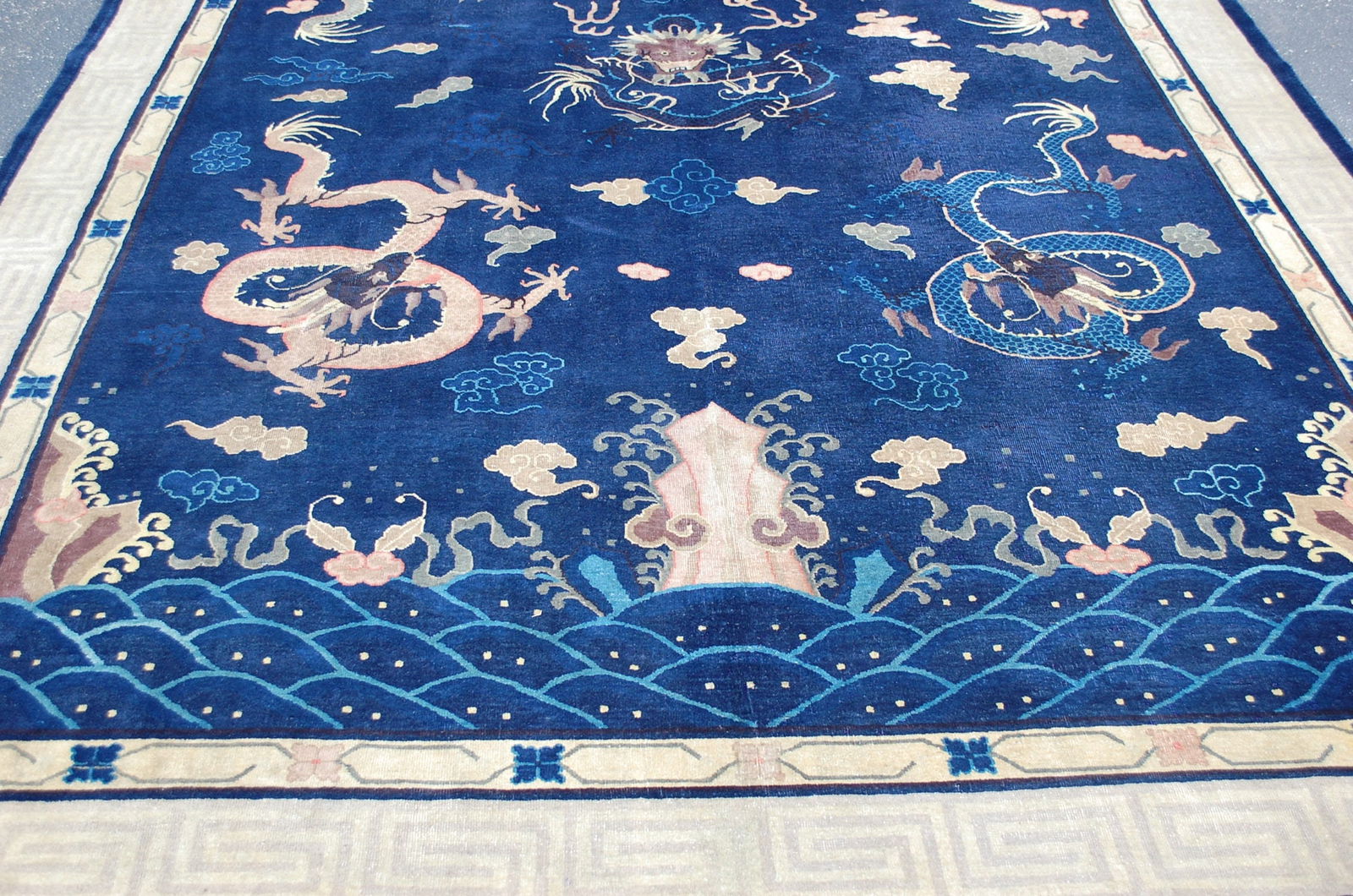 CHINESE DRAGON RUG 8.9x11.5: Title: CHINESE DRAGON RUG 8.9x11.5 Description:ANTIQUE VERY OLD MUSEUM AGE CHINESE FIVE CLAWED DRAGON IMPERIAL QING DYNASTY RUG ….exact size of 8'9" x 11'5" ..Provenance: Old Belmont, Massachuse