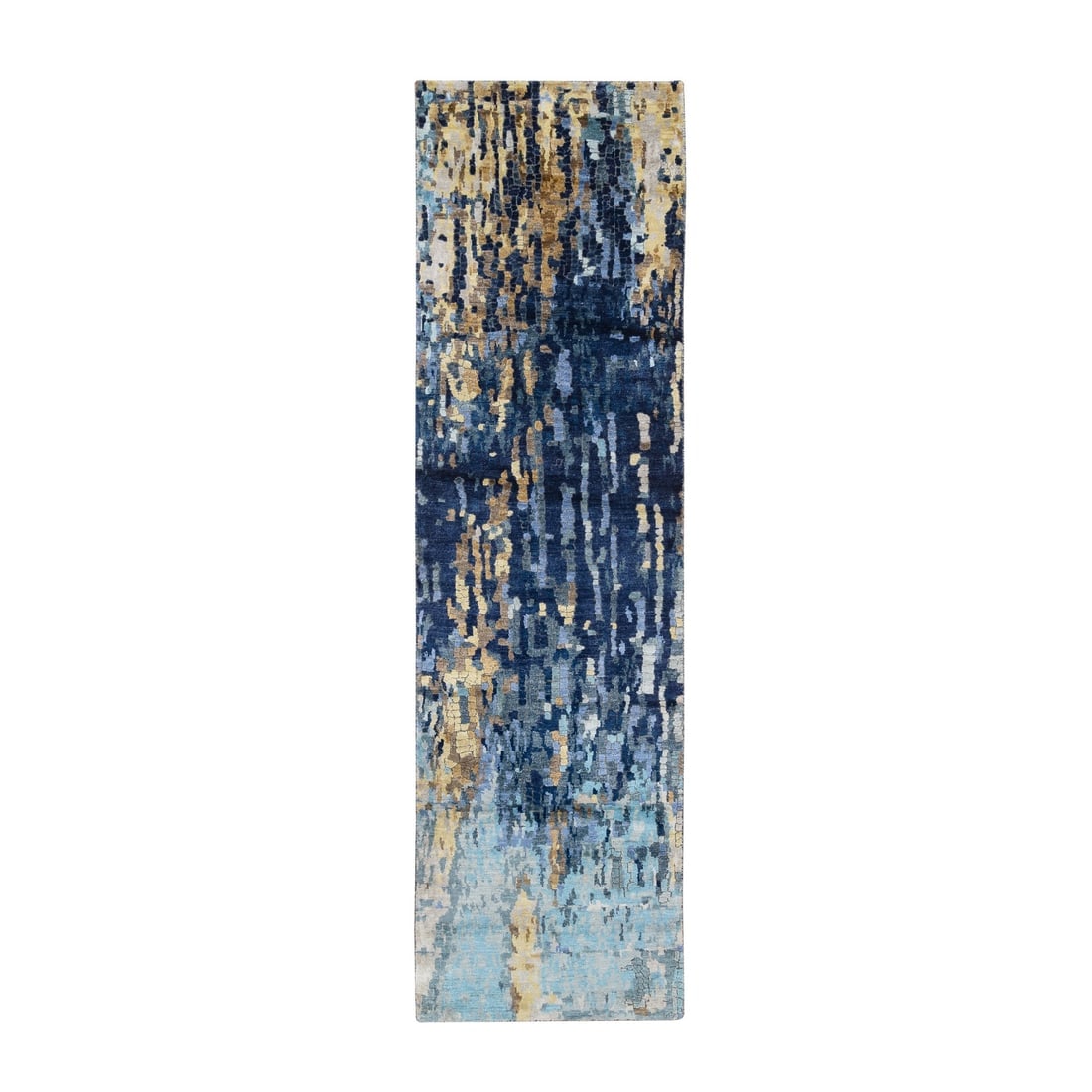 Denim Blue Hand Knotted, Mosaic Design Wool and Silk Runner Rug: Title: Denim Blue Hand Knotted, Mosaic Design Wool and Silk Runner RugDescription: This is a truly genuine one-of-a-kind. It has been Knotted for months and months in the centuries-old weaving
