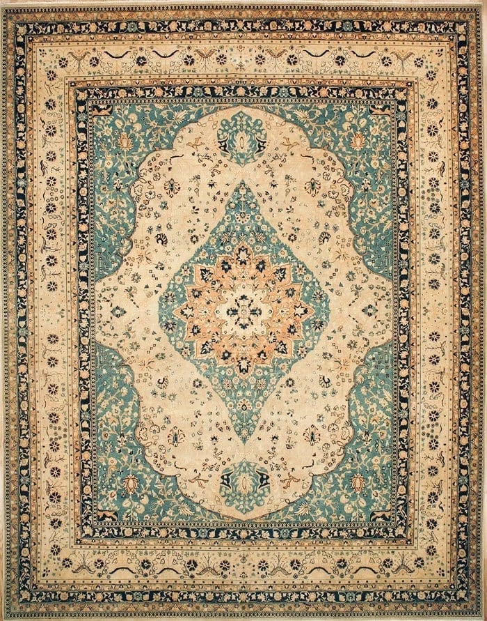 Hand-Knotted Indo-Kerman Area Rug Wool Cream Blue Oriental Carpet 11'10" x 15'1 (1 of 5)