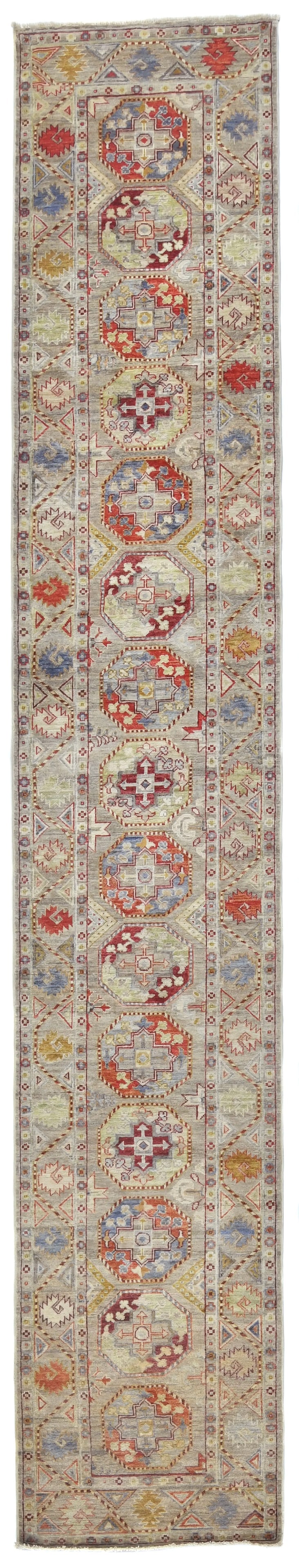Brownish Gray Tribal 3X14 Kazak Oriental Runner Rug: Title: Brownish Gray Tribal 3X14 Kazak Oriental Runner Rug Description:Hand Knotted 3X14 gray oriental runner made with natural dyes (fine wool pile and cotton foundation), superior knot count, and al