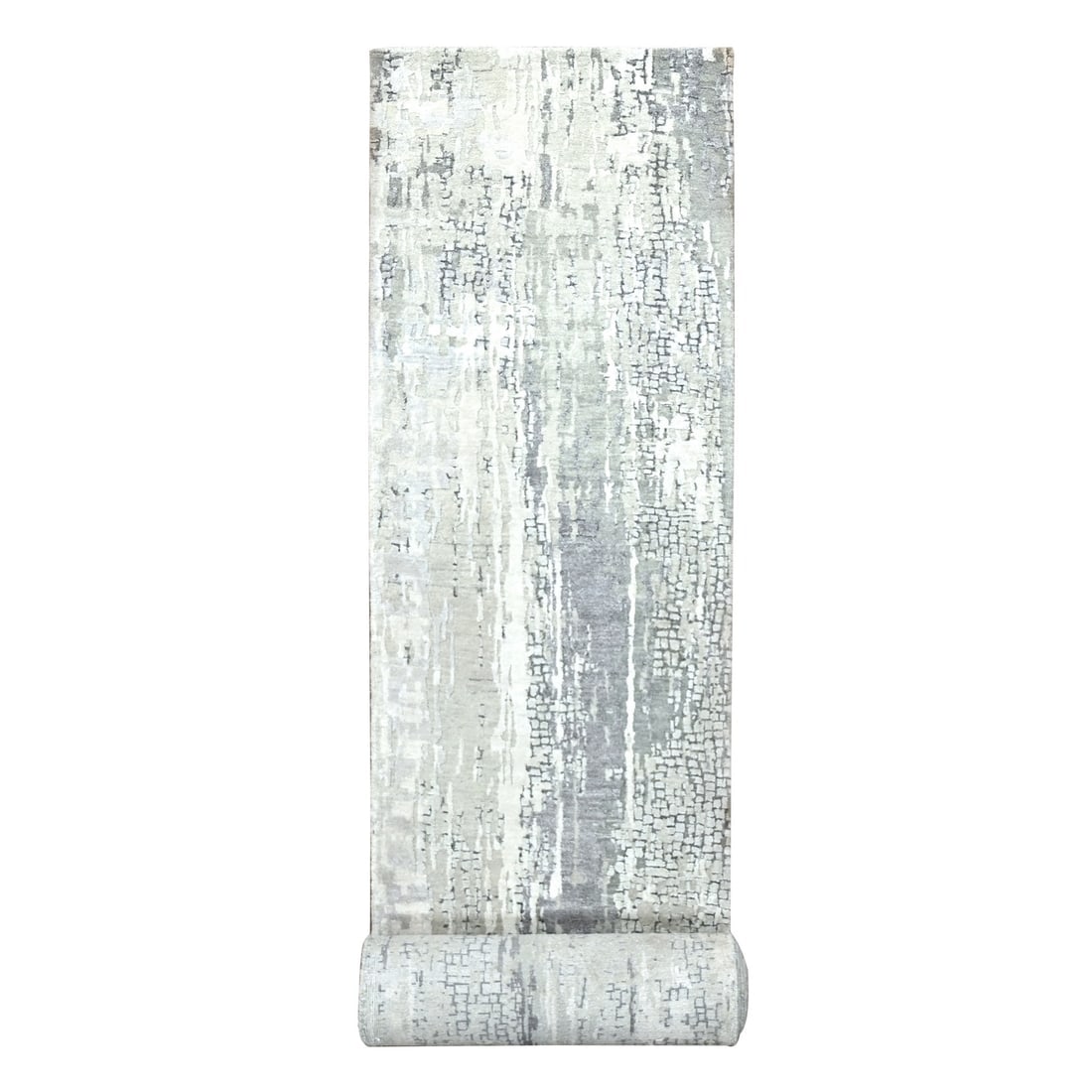 Rustic Gray Wool and Silk Hand Knotted Abstract XL Runner Rug: Title: Rustic Gray Wool and Silk Hand Knotted Abstract XL Runner RugDescription: This is a truly genuine one-of-a-kind. It has been Knotted for months and months in the centuries-old weaving