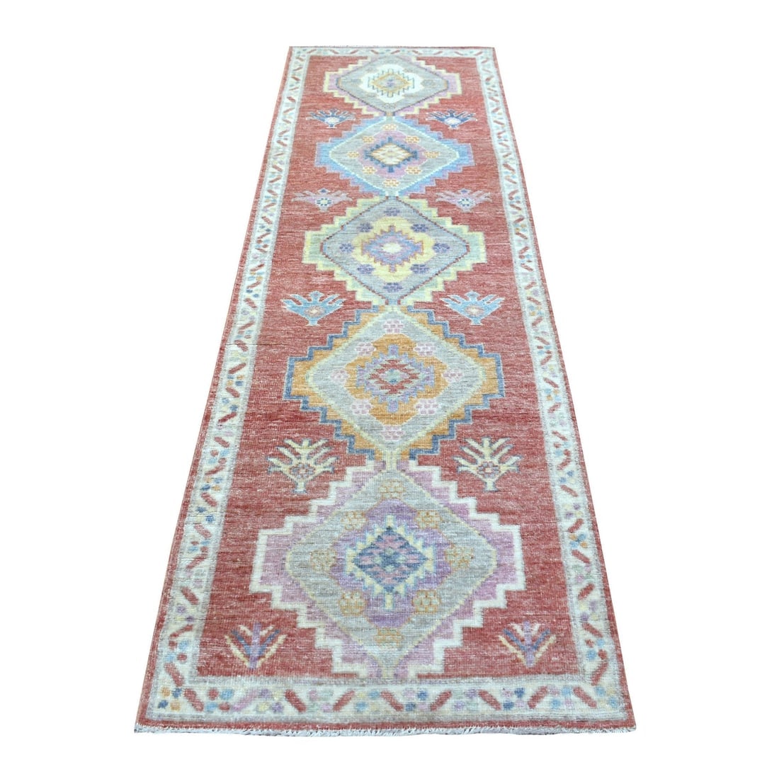 Coral Red Afghan Angora Oushak Soft Wool Hand Knotted Runner Rug: Title: Coral Red Afghan Angora Oushak Soft Wool Hand Knotted Runner RugDescription: This is a truly genuine one-of-a-kind. It has been Knotted for months and months in the centuries-old weaving