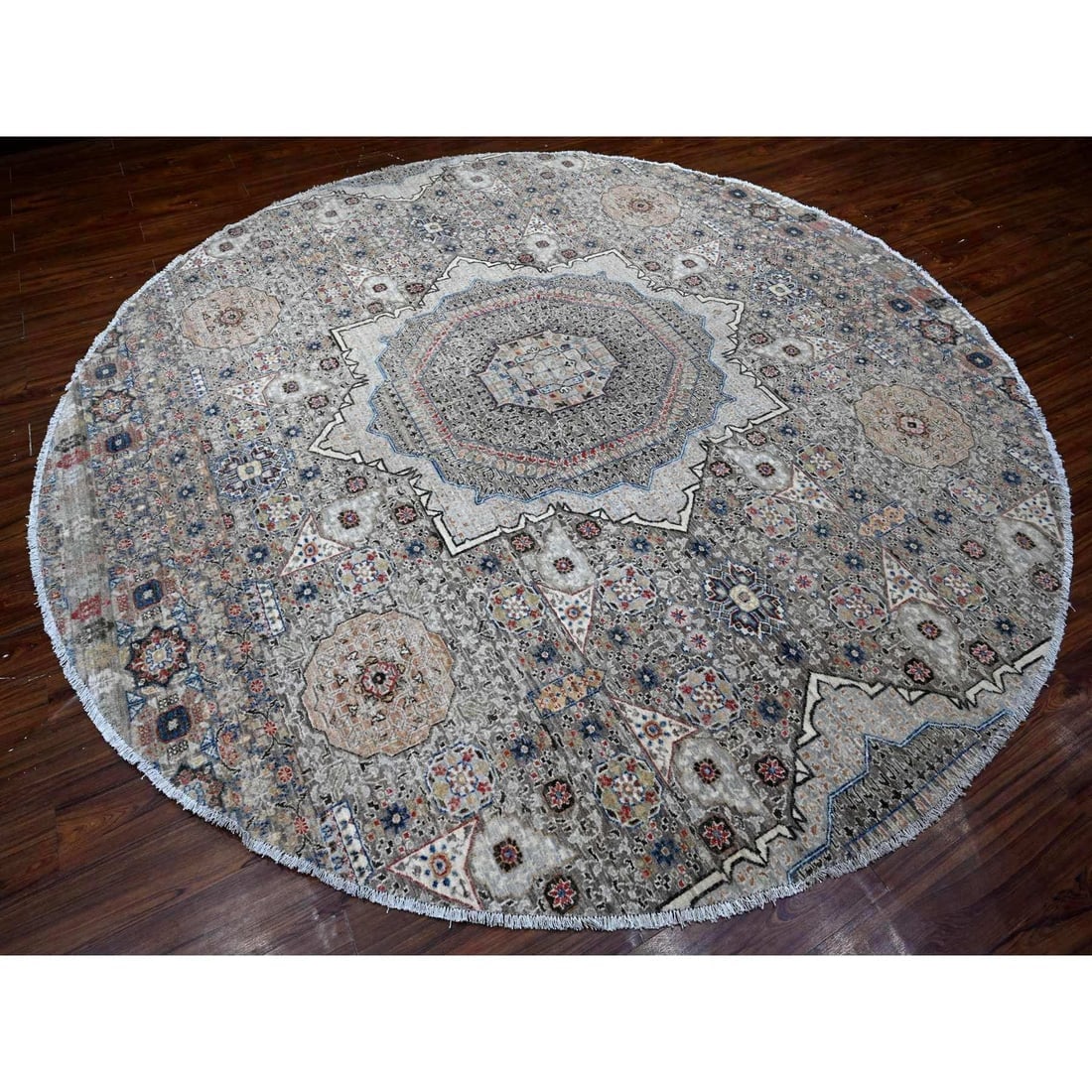 Concrete Gray Hand Knotted Wool Peshawar Mamluk Round Oriental Rug - 3