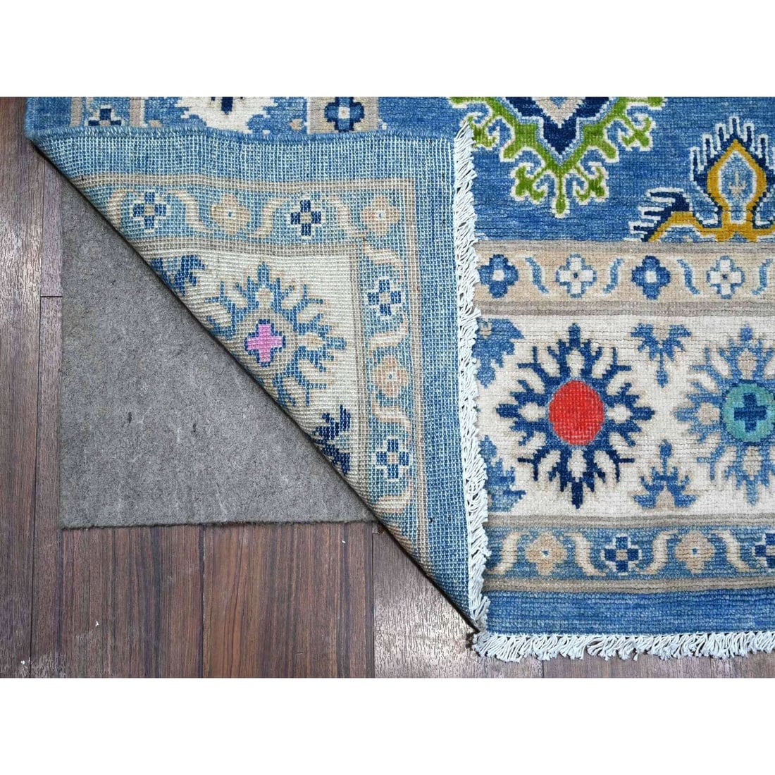 Blue And Ivory Fusion Kazak With Soft Organic Wool Oriental Rug - 2