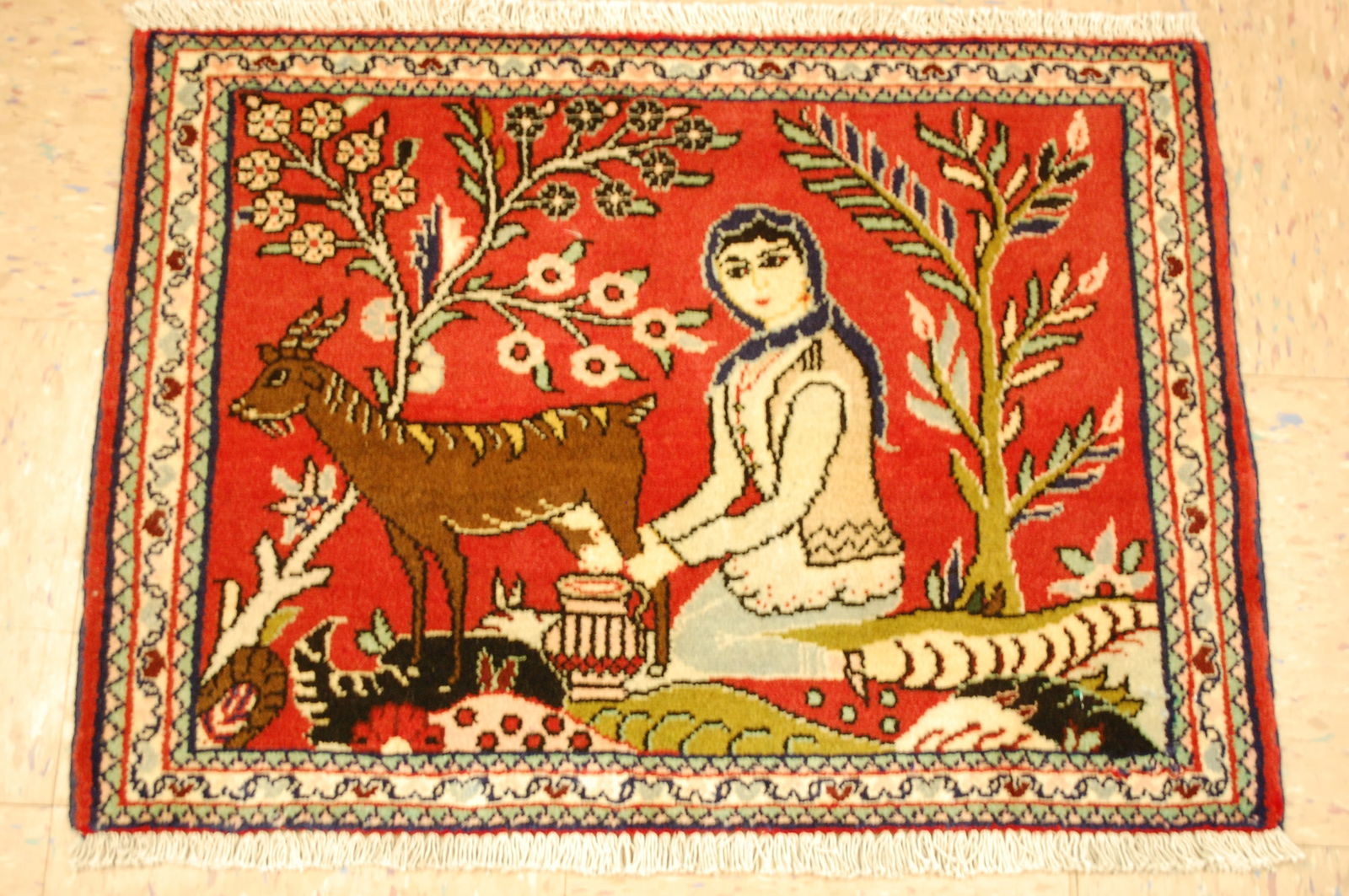 Persian MALAYEER RUG 1'9"x2'5": Title: Persian MALAYEER RUG 1'9"x2'5" Description:OLD,Antique highly detailed VILLAGE WOMEN MILKING GOAT DESIGN Persian Malayer ORIENTAL rug with exact size of 1'9" x 2'5" ..Kork wool_high