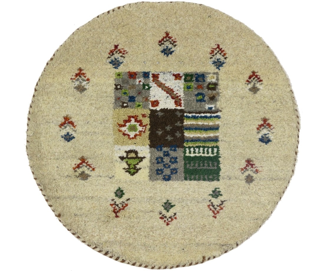 Cream Tribal 2X2 Indo-Gabbeh Oriental Round Rug: Title: Cream Tribal 2X2 Indo-Gabbeh Oriental Round RugDescription:Hand Knotted 2X2 multicolor Oriental rug made with vegetable dyes (fine wool pile and cotton foundation), superior knot count, and