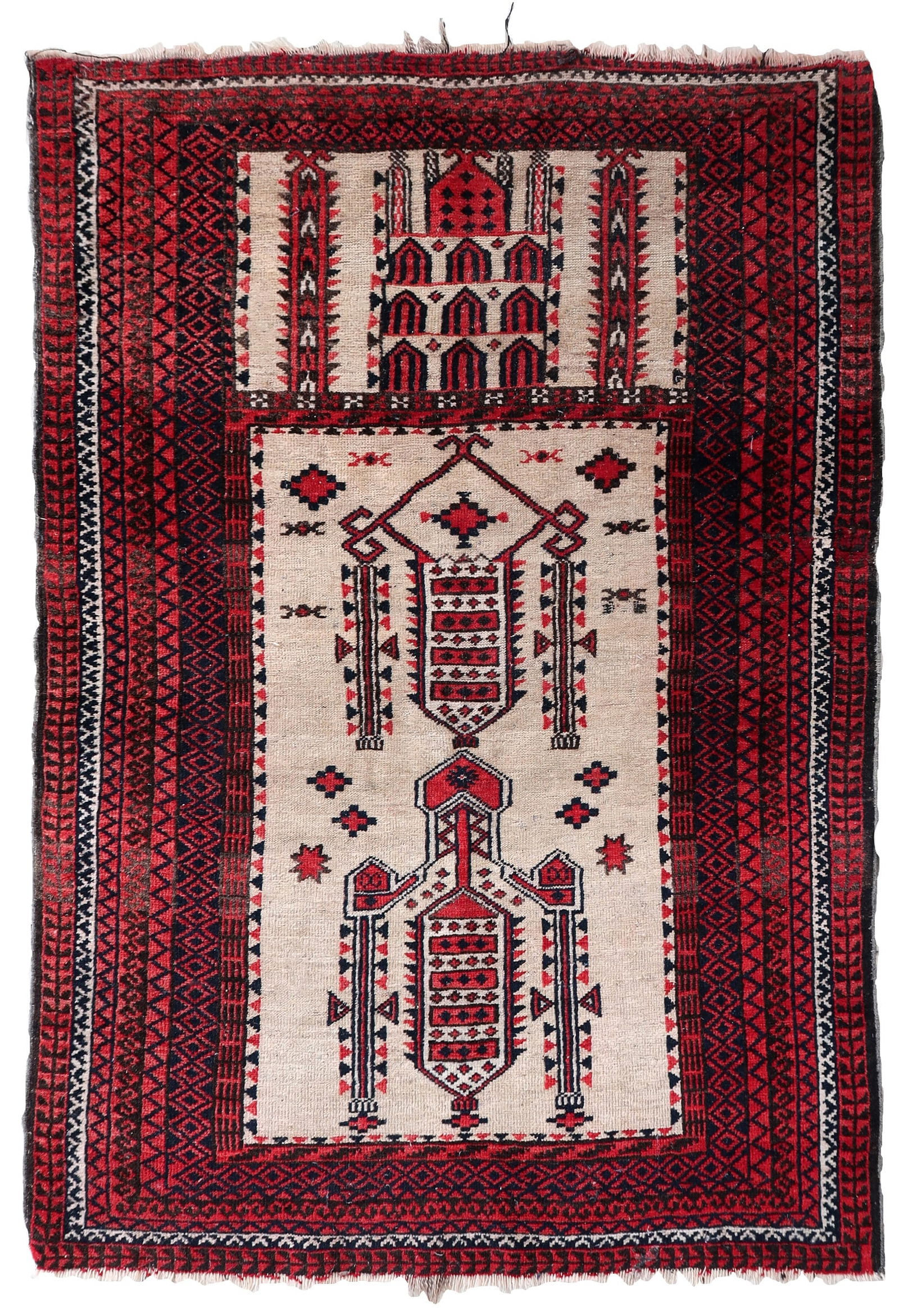 Handmade antique Afghan Baluch prayer rug 2.8' x 4.2' (86cm x 129cm) 1910s (1 of 11)