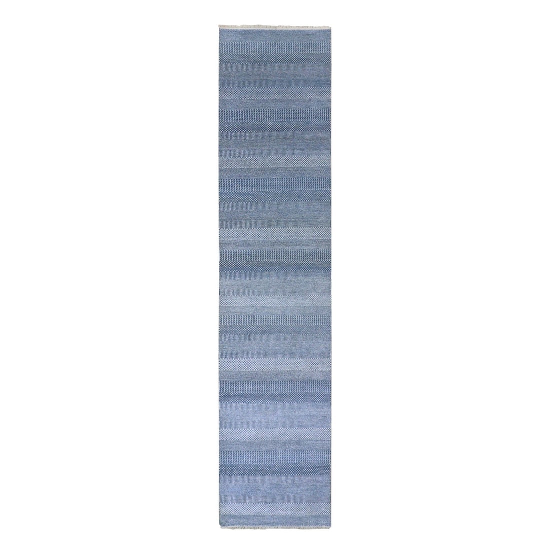 Penn Blue Modern Grass Dyed Wool and Silk Hand Knotted Runner Rug: Title: Penn Blue Modern Grass Dyed Wool and Silk Hand Knotted Runner RugDescription: This is a truly genuine one-of-a-kind. It has been Knotted for months and months in the centuries-old weaving