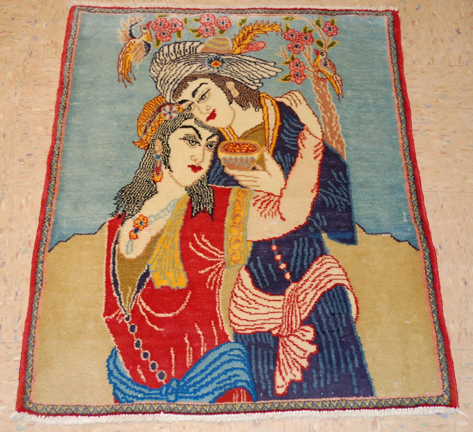 Persian TABRIZ RUG 2'2" x 2'11": Title: Persian TABRIZ RUG 2'2" x 2'11" Description:OLD,ANTIQUE TRUE BEAUTY SUPER DETAILED WITH AMAZING COLOR COMBINATION HUMAN SUBJECT PICTORAL Persian TABRIZ RUG Circa 1930's...........size is 2' 2"