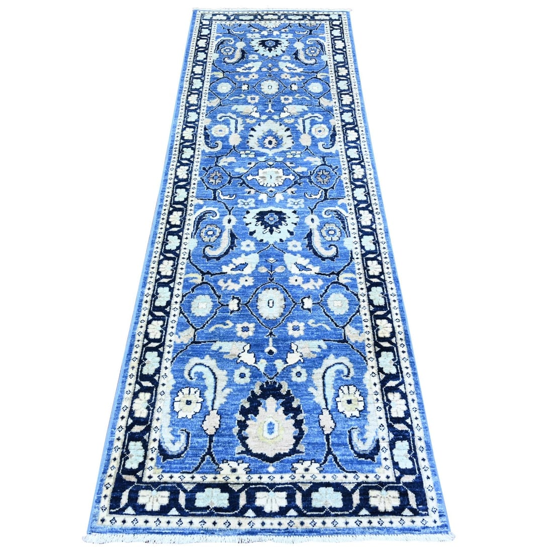 Crayola Blue Wool Hand Knotted Peshawar Mahal Design Runner Rug (1 of 6)