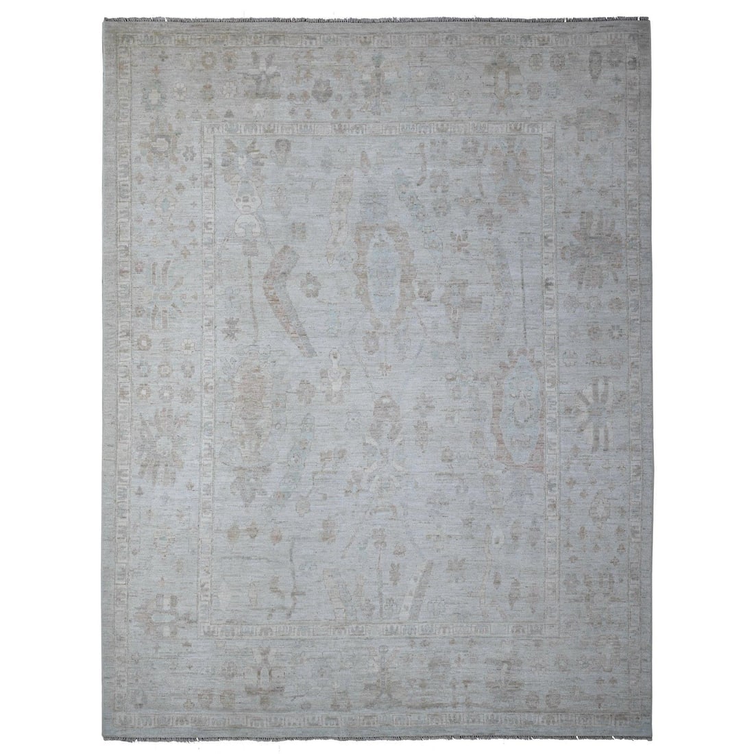 Medium Gray Vegetable Dyes Afghan Angora Oushak Oriental Rug: Title: Medium Gray Vegetable Dyes Afghan Angora Oushak Oriental RugDescription: This is a truly genuine one-of-a-kind. It has been Knotted for months and months in the centuries-old weaving