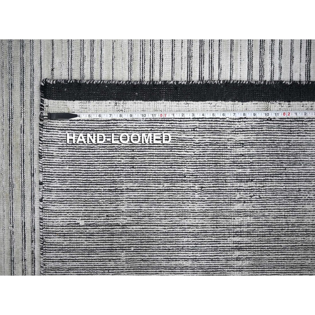 Black and Ivory Modern Textured Design Hand Loomed Wool and Silk Rug - 11