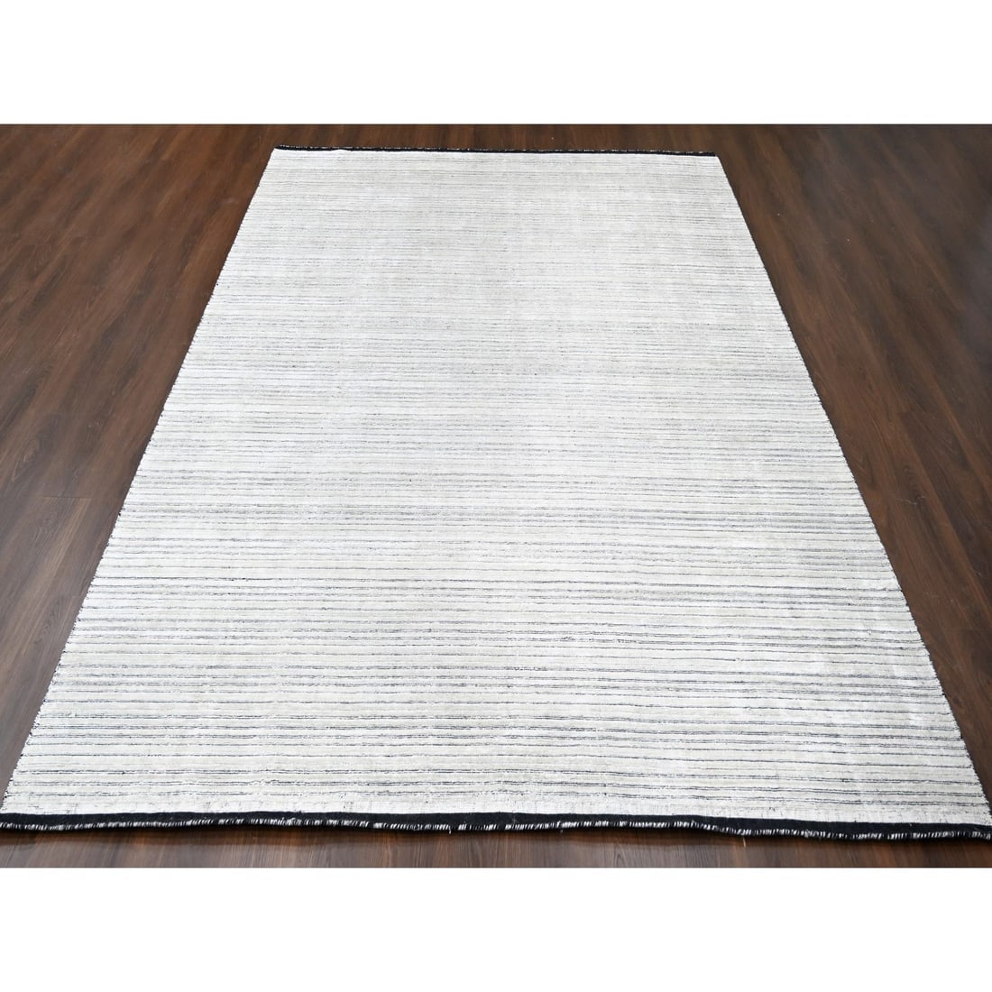 Black and Ivory Modern Textured Design Hand Loomed Wool and Silk Rug - 2