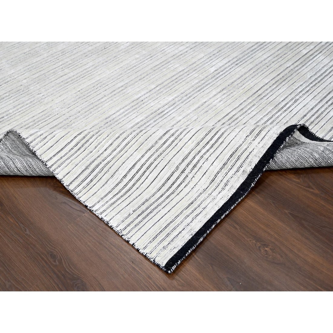 Black and Ivory Modern Textured Design Hand Loomed Wool and Silk Rug - 6