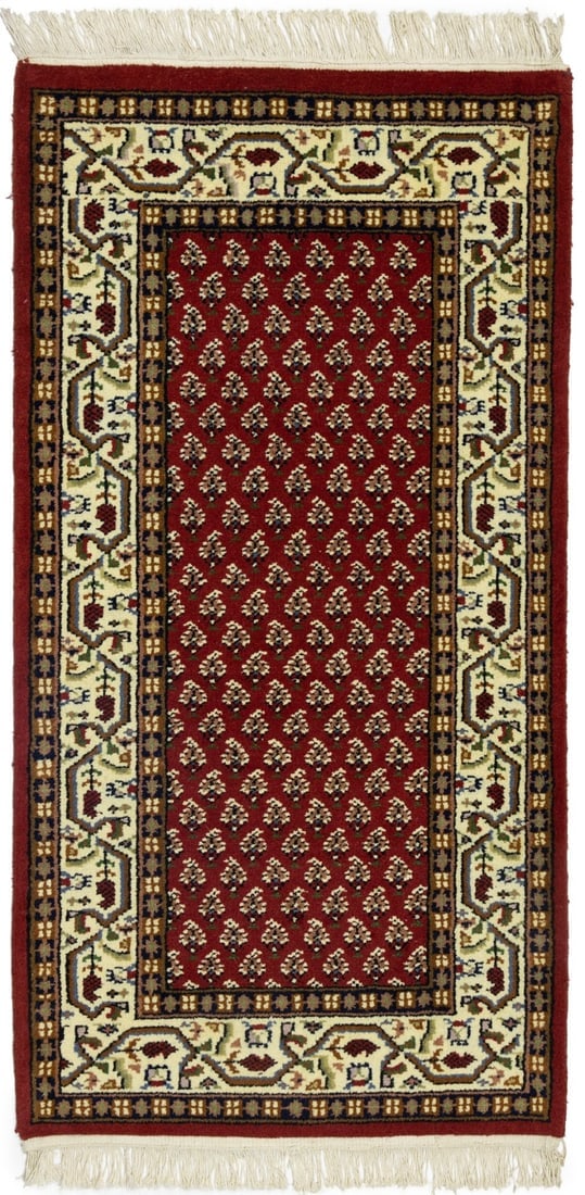 Red Floral 2'4X4'8 Indo Botemir Oriental Rug: Title: Red Floral 2'4X4'8 Indo Botemir Oriental RugDescription:Handmade 2'4X4'8 red oriental rug made with vegetable dyes (fine wool pile and cotton foundation), exceptional knot count, and appealing