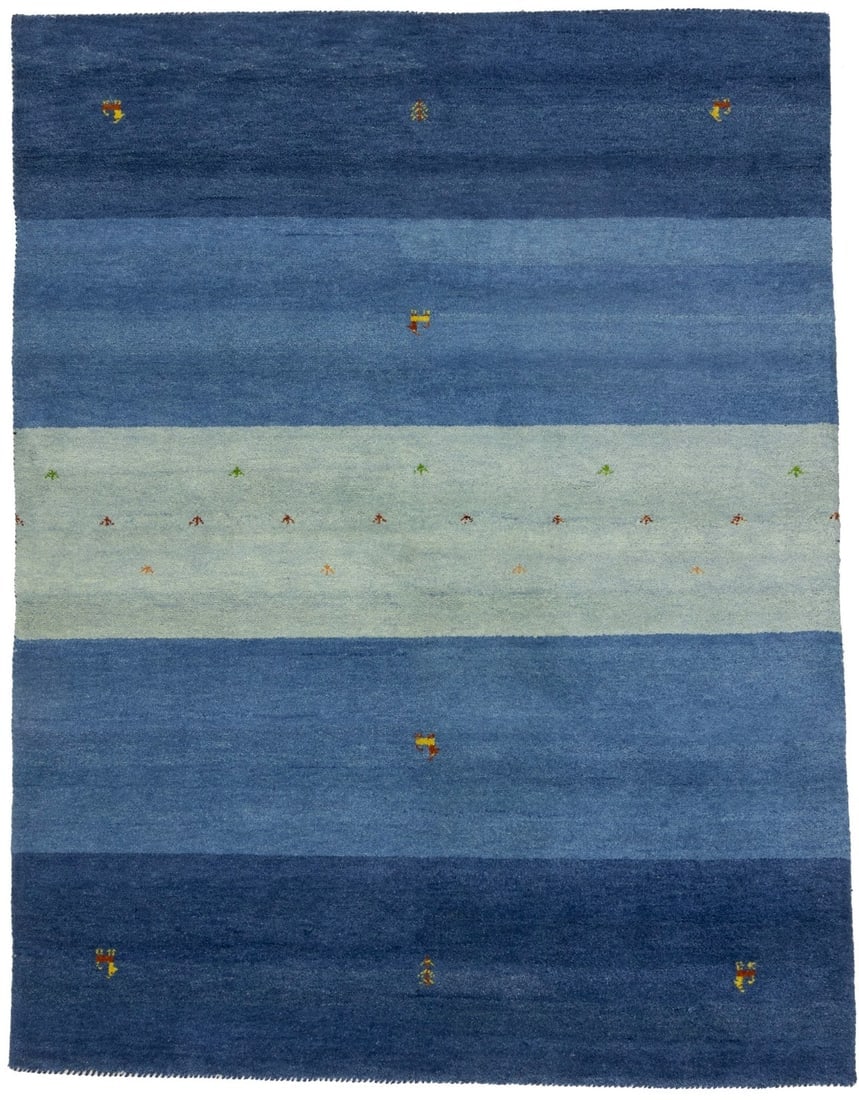 Blue Stripes Tribal 6X8 Indo-Gabbeh Oriental Rug: Title: Blue Stripes Tribal 6X8 Indo-Gabbeh Oriental RugDescription:Hand Knotted 6X8 blue Oriental rug made with vegetable dyes (fine wool pile and cotton foundation), superior knot count, and