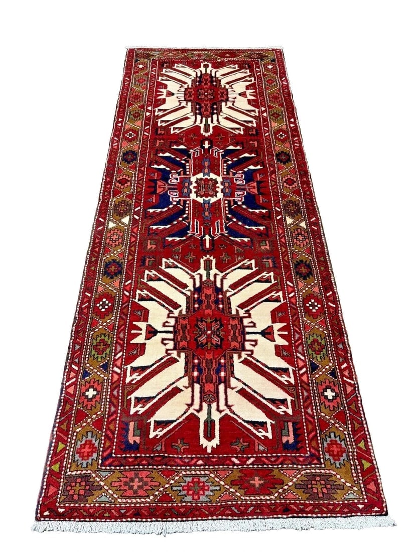 Hand-Knotted Karajeh Runner Red Wool Tribal Geometric Oriental Rug 3'7" x 9'8" - 12