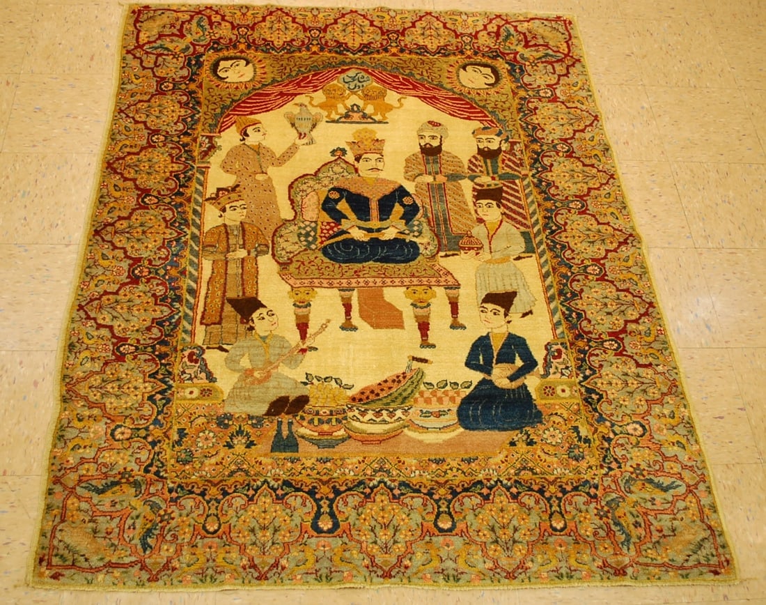 Persian TABRIZ RUG 4.8 X 5.10: Title: Persian TABRIZ RUG 4.8 X 5.10Description:FRESH FROM A PRIVATE ESTATE IS THIS AMAZING OLD,ANTIQUE HIGHLY DETAILED BAZM(PARTTY) OF SHAH ABBAS KING OF PERS SUBJECTS UNIQUE DESIGN_ SIGNED PERSiAN