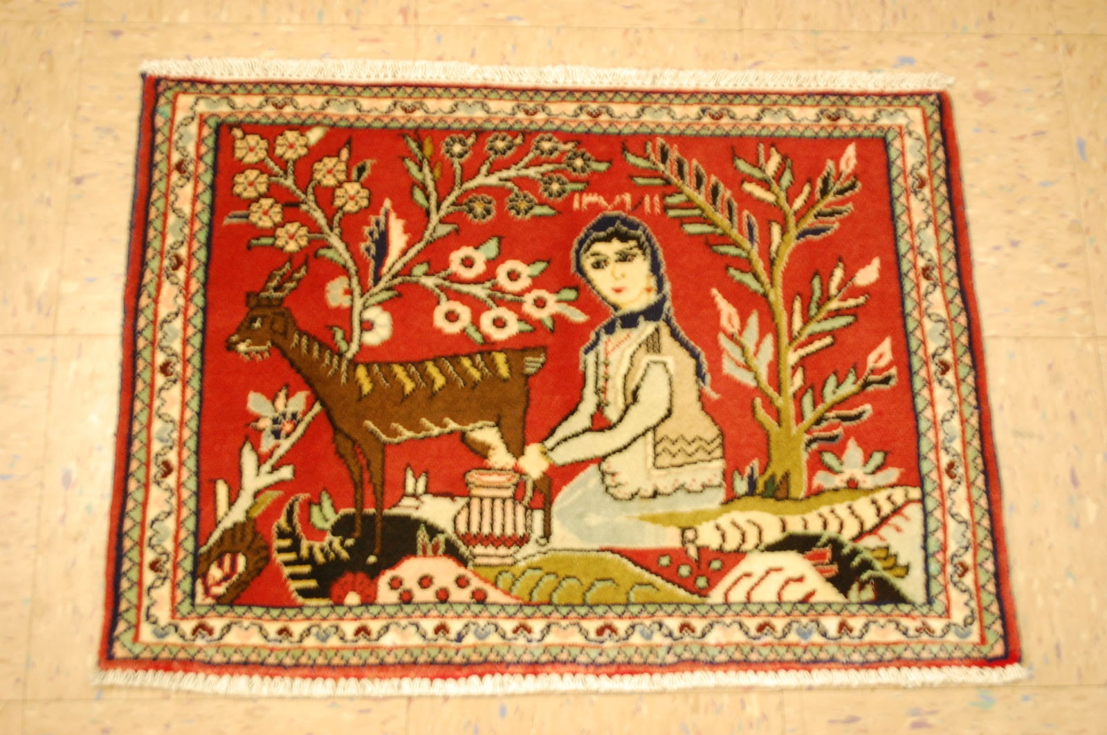 Persain MALAYEER RUG 1'9"x2'5": Title: Persain MALAYEER RUG 1'9"x2'5" Description:OLD,Antique highly detailed VILLAGE WOMEN MILKING GOAT DESIGN Persian Malayer ORIENTAL rug with exact size of 1'9" x 2'5" ..Kork wool_high