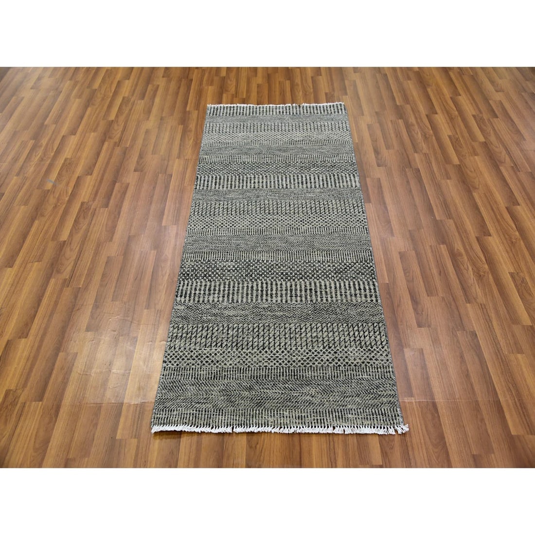 Dove Gray Hand Knotted Undyed Grass 100% Wool Runner Rug - 2