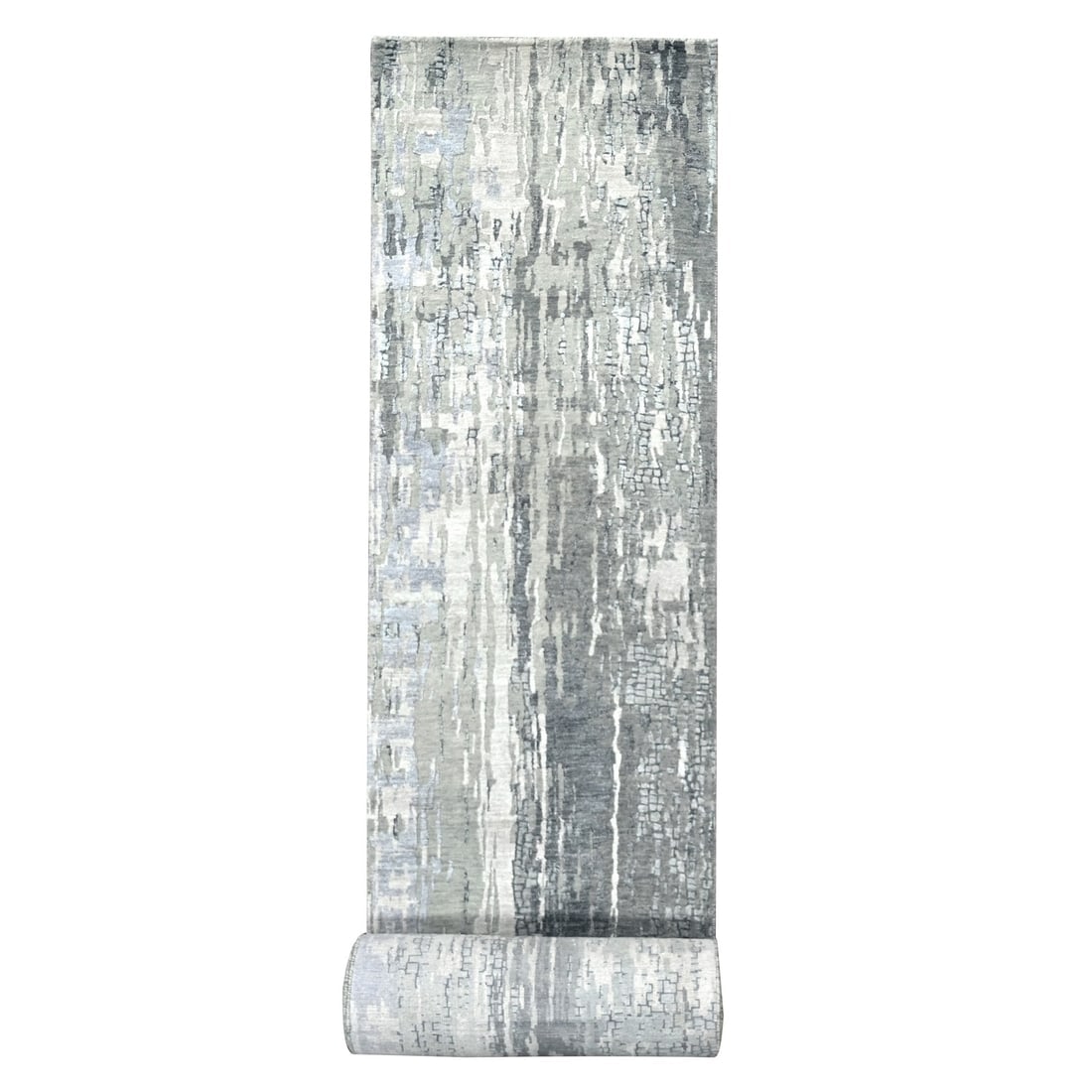 Sonic Gray Abstract Design Wool and Silk XL Runner Hand Knotted Rug: Title: Sonic Gray Abstract Design Wool and Silk XL Runner Hand Knotted RugDescription: This is a truly genuine one-of-a-kind. It has been Knotted for months and months in the centuries-old weaving