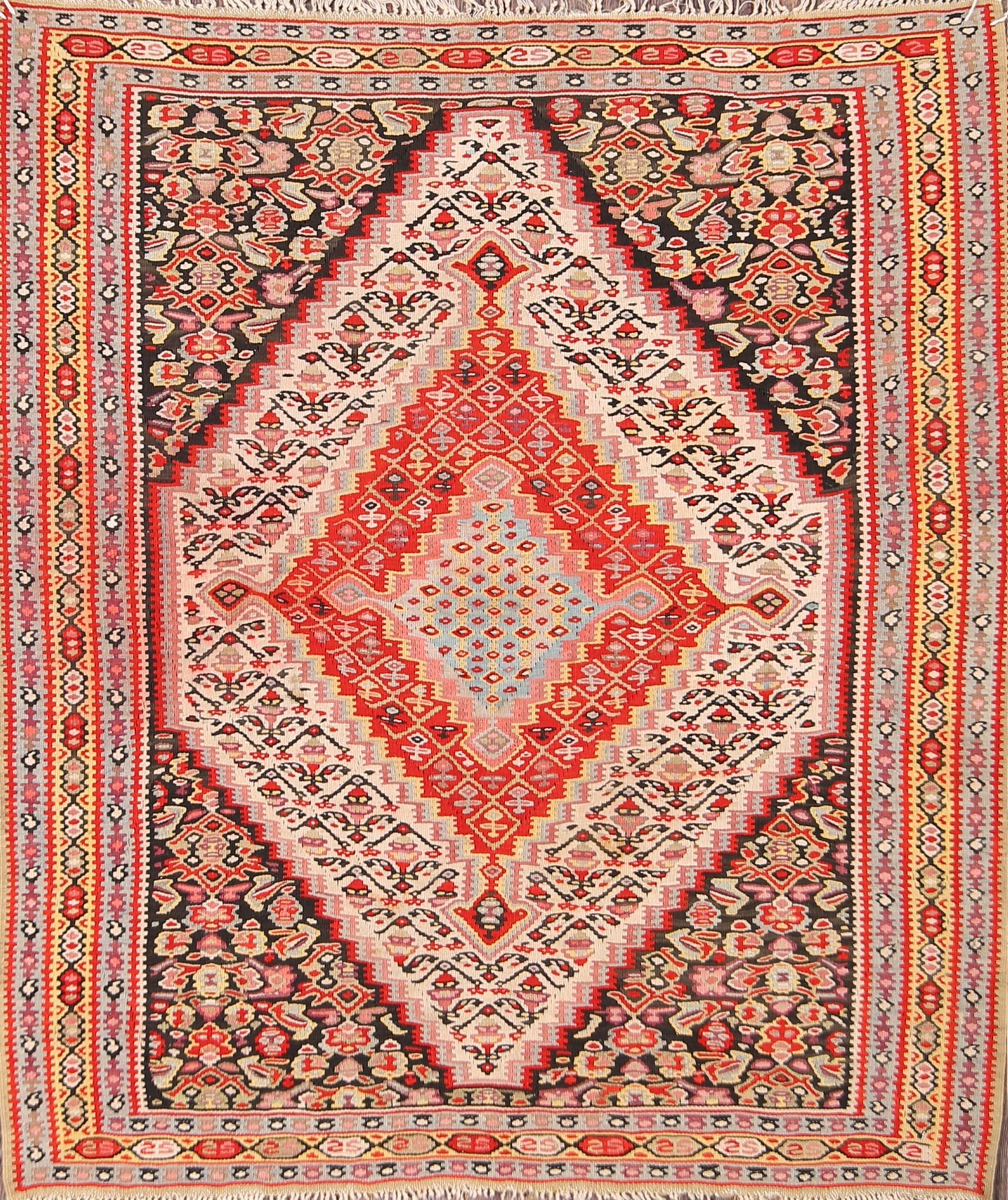 4x4 Kilim Senneh Bidjar Persian Area Rug: Title:4x4 Kilim Senneh Bidjar Persian Area RugOrigin:A Beautiful Genuine Iran ( Persia ) Kilim (Senneh) rug is Hand Woven by skillful weavers in Iran ( Persia ) with 100% Wool Material. This rug is