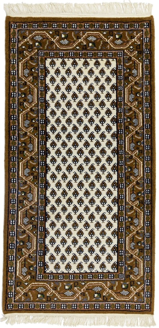Cream Floral 2'5X4'8 Indo Botemir Oriental Rug: Title: Cream Floral 2'5X4'8 Indo Botemir Oriental RugDescription:Handmade 2'5X4'8 cream oriental rug made with vegetable dyes (fine wool pile and cotton foundation), exceptional knot count, and