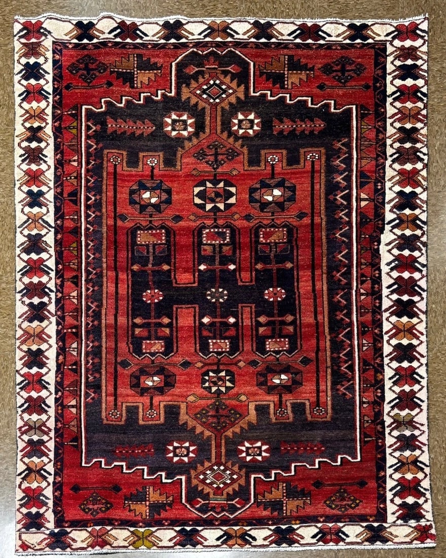 Hand-Knotted Persian Bakhtiari Tribal Geometric Wool Red Oriental Area Rug 5' x 6'11" - 12