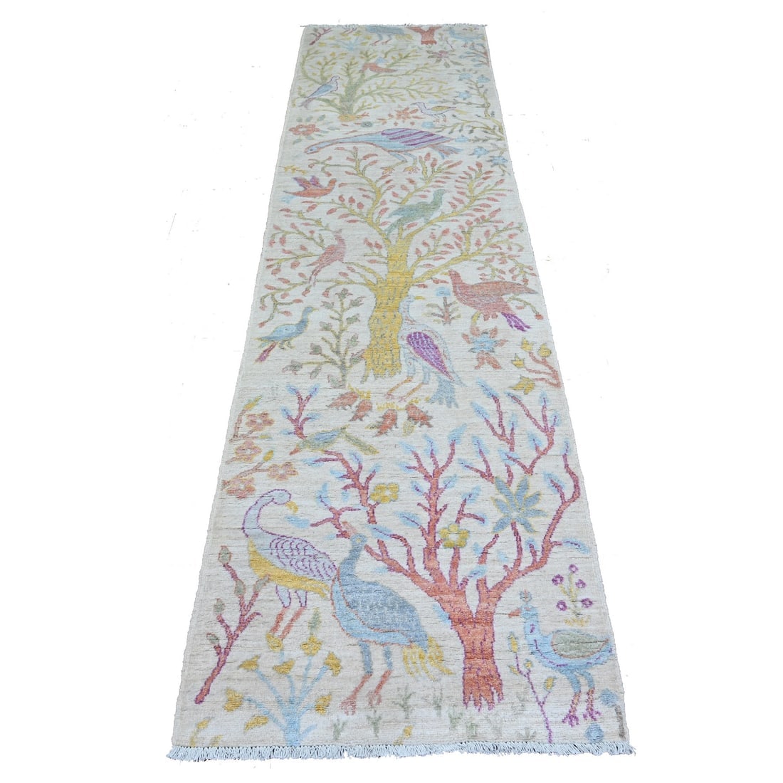 Feather White Birds of Paradise Hand knotted Wool Peshawar Runner Rug: Title: Feather White Birds of Paradise Hand knotted Wool Peshawar Runner Rug Description: This is a truly genuine one-of-a-kind. It has been Knotted for months and months in the centuries-old weaving