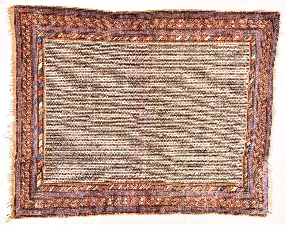 PERSIAN HAND KNOTTED WOOL RUG: Title: PERSIAN HAND KNOTTED WOOL RUG Size: 5'1X6'7 Age: VINTAGE Origin: PERSIAN Style: QUSQAI Material: WOOL Care: PROFESSIONAL Structure: HAND KNOTTED Design: PERSIAN Reserve: $1,000.00 Shipping: