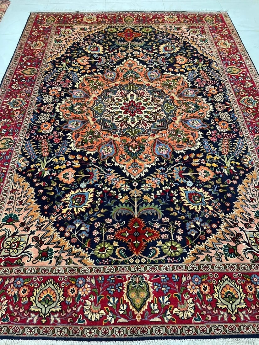 Hand Knotted Persian Tabriz Wool Navy Oriental Area Rug 6'7" x 9'3" - 3