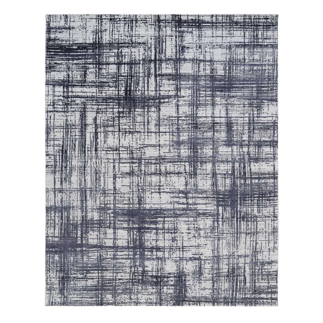 Black, Hand Loomed, Modern Erased Lines Design, Wool and Silk, Rug: Title: Black, Hand Loomed, Modern Erased Lines Design, Wool and Silk, RugDescription: This is a truly genuine one-of-a-kind. It has been Knotted for months and months in the centuries-old weaving