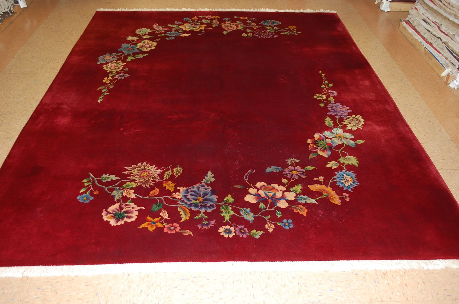 CHINESE NICHOLS RUG 8.8x11: Title: CHINESE NICHOLS RUG 8.8x11 Description:ANTIQUE ROOM SIZE ART DECO CHINESE NICHOLS RUG with exact and rare size of 8' 8" x 11'....Wonderful Chinese floral field design pattern over Rich Red