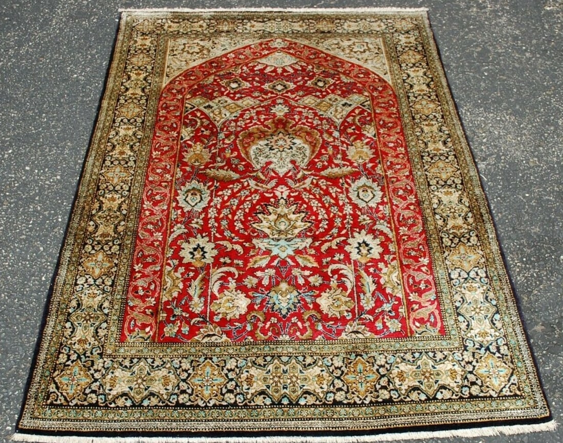 Persian QOM RUG 3'5"x5'1": Title: Persian QOM RUG 3'5"x5'1"Description:OLD HIGHLY DETAILED FINE NATURAL SILK TREE OF LIFE or PRAYER DESIGN Persian -QOM ORIENTAL RUG .....with exact size of 3' 5" x 5' 1" ..........very