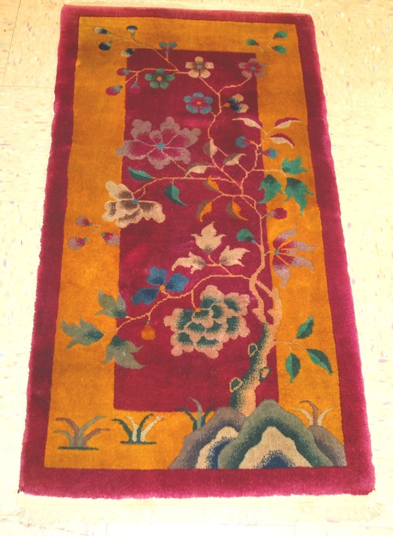 NICHOLS CHINESE RUG 2' x 3'10": Title: NICHOLS CHINESE RUG 2' x 3'10" Description:ANTIQUE ESTATE TREASURE ART DECO WALTER NICHOLS CHINESE RUG Circa 1920's with exact size of 2' x 3'10" ....Gorgeous Chinese floral field design over n