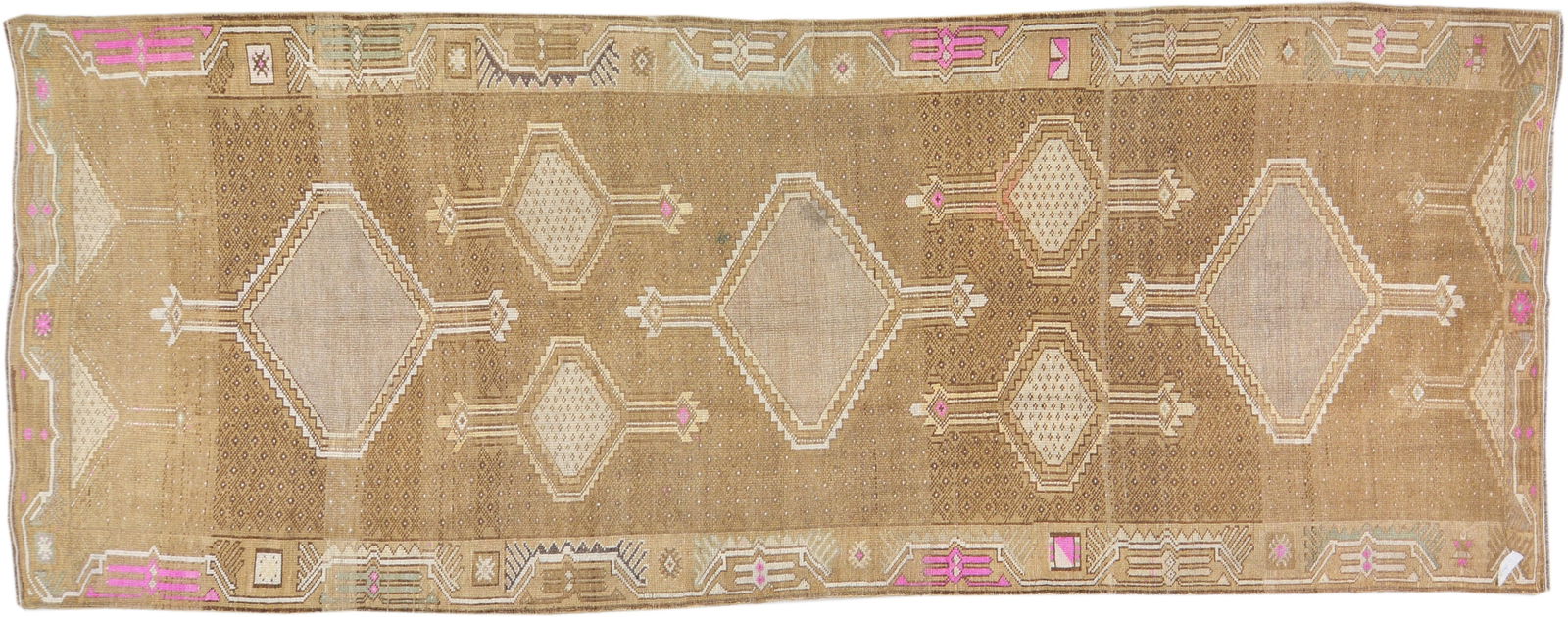 TURKISH HAND KNOTTED WOOL RUG: Title: TURKISH HAND KNOTTED WOOL RUG Size: 4'11X13 Age: VINTAGE Origin: TURKISH Style: KARS Material: WOOL Care: PROFESSIONAL Structure: HAND KNOTTED Design: ANATOLIAN Reserve: $1,500.00 Shipping: