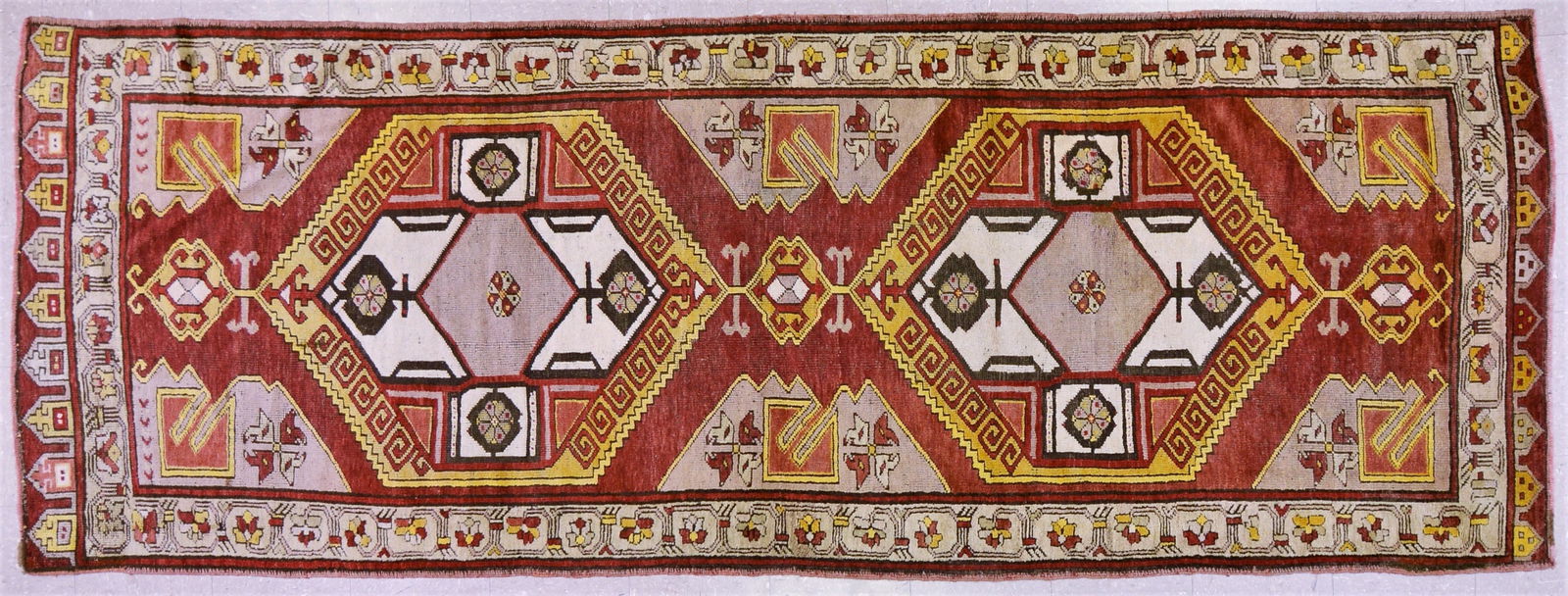 TURKISH HAND KNOTTED WOOL RUG: Title: TURKISH HAND KNOTTED WOOL RUG Size: 4X10'9 Age: VINTAGE Origin: TURKISH Style: OUSHAK Material: WOOL Care: PROFESSIONAL Structure: HAND KNOTTED Design: OUSHAK Reserve: $1,000.00 Shipping:</