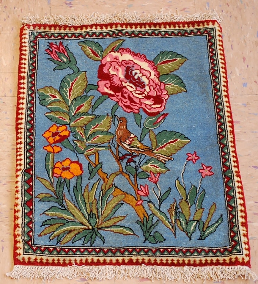 Persian BIJAR RUG 1'5 'X 1'11": Title: Persian BIJAR RUG 1'5 'X 1'11" Description:OLD,ANTIQUE SO MUCH DETAILS IN SMALL RUG_BIRD-FLLOWER SUBJECT DESIGN FINE Persian BIJAR ORIENTAL RUG....Kork wool woven on cotton foundation with a
