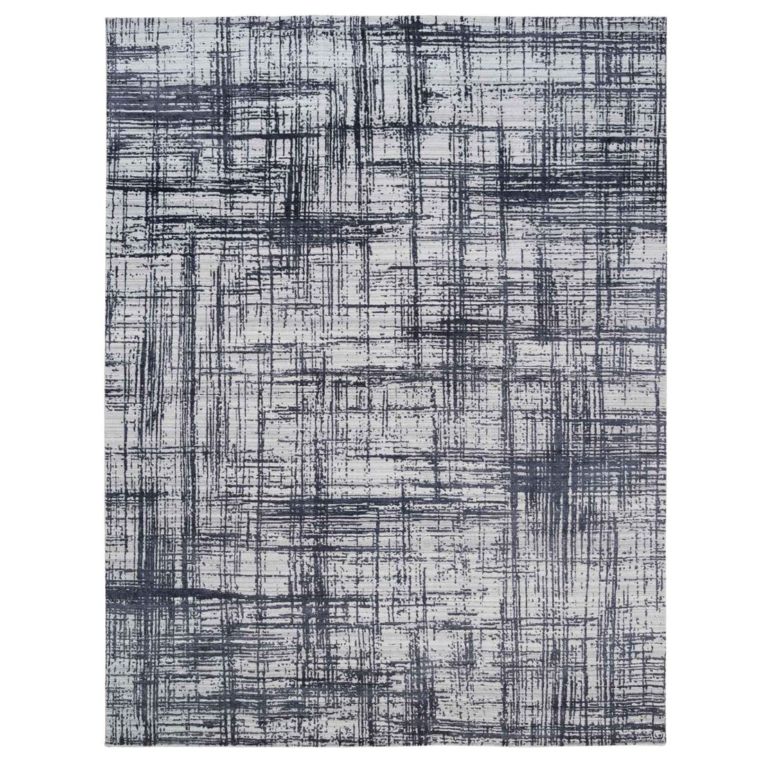 Black, Modern Erased Lines Design, Wool and Silk, Hand Loomed, Rug: Title: Black, Modern Erased Lines Design, Wool and Silk, Hand Loomed, RugDescription: This is a truly genuine one-of-a-kind. It has been Knotted for months and months in the centuries-old weaving