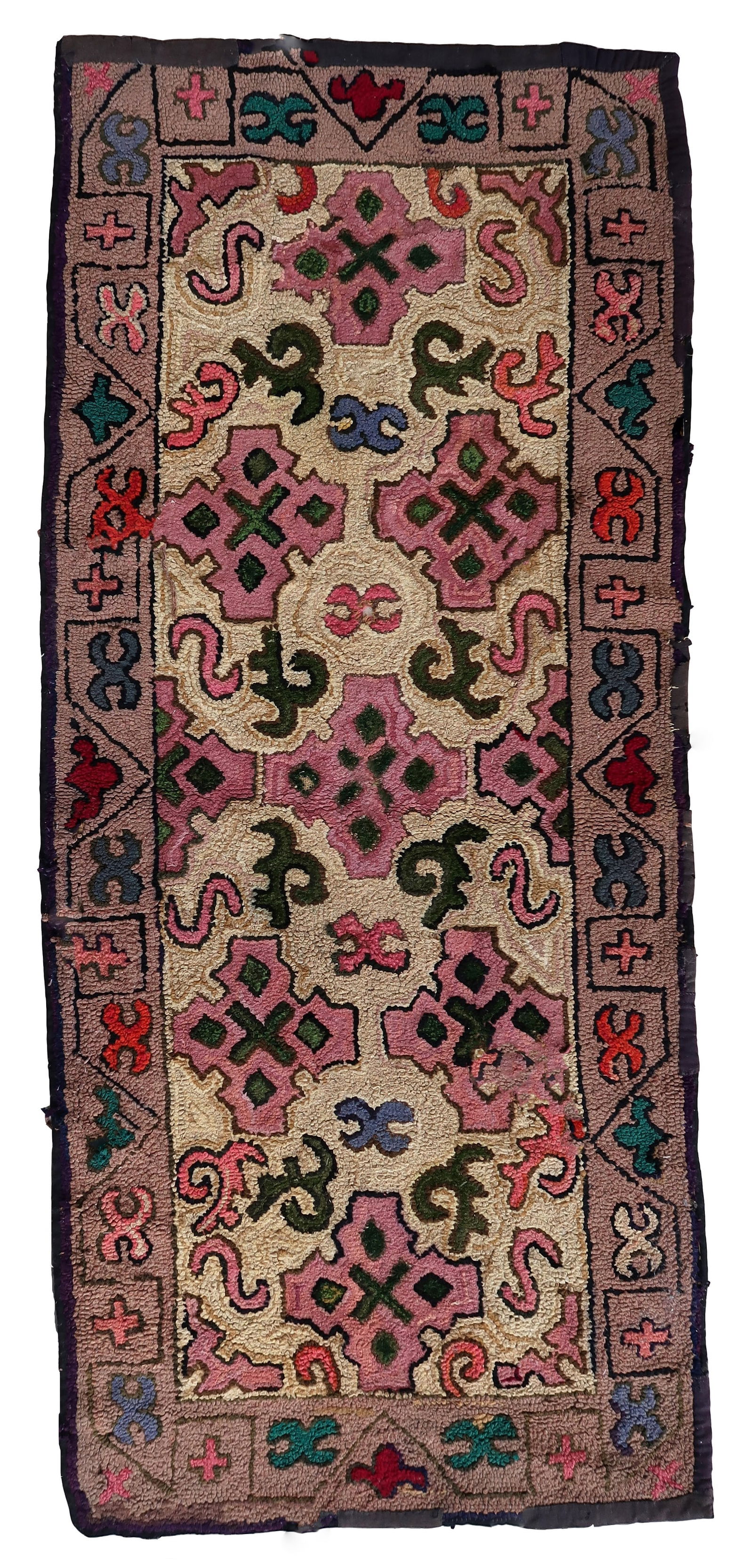 Handmade antique American Hooked rug 2.4' x 5.7' (76cm x 175cm) 1880s (1 of 8)