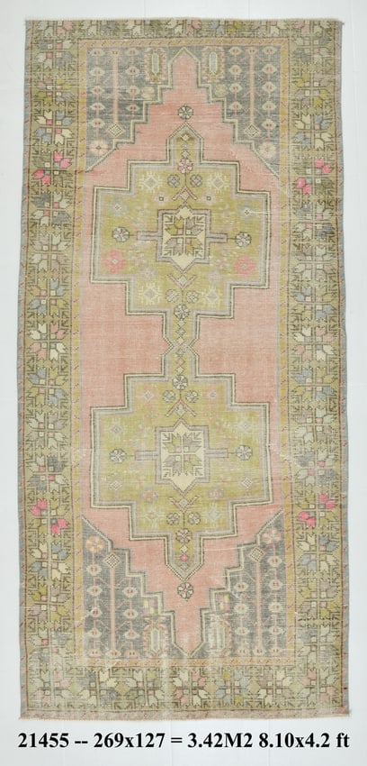 4'1'' X 8'9'' Turkish Vintage Runner Rug - 21455: Title: 4'1'' X 8'9'' Turkish Vintage Runner Rug - 21455 Description:4'1'' X 8'9'' Turkish Vintage Runner Rug - 21455 Origin:Turkiye Date/Period:1960-90 Materials:Wool,Cotton Dimension:4'1''X8'9'' ft,