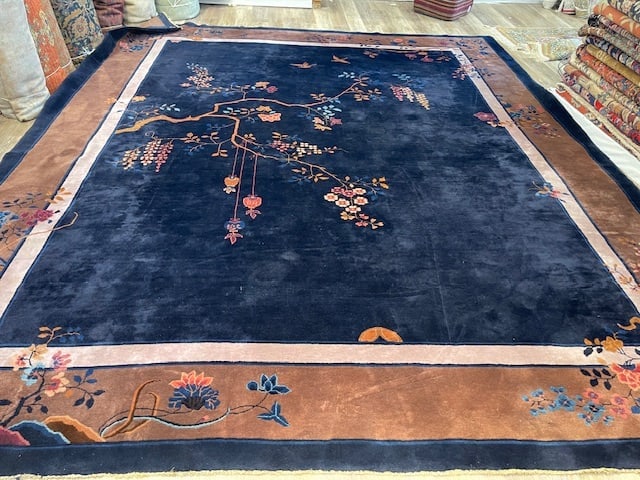Antique Chinese Art Deco Rug-5351: Title:Antique Chinese Art Deco Rug-5351 Description:Beautiful antique art Deco Chinese rug from China, size 11 ft by 13 ft. 2 inches, circa 1930 on blue field and eXcellent condition. Complete rug wit