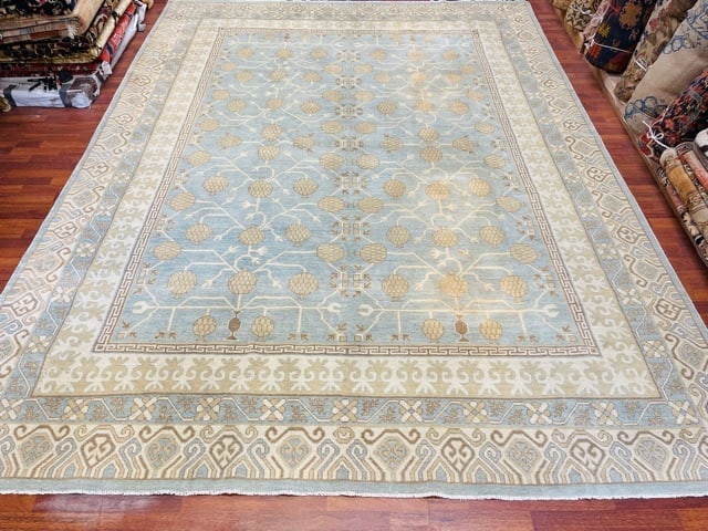 Vintage Afghany Khotan Design Rug-5284: Title:Vintage Afghany Khotan Design Rug-5284Description:Beautiful vintage Khotan rug from Afghanistan, size 9 ft. 5 inches by 12 ft. 8 inches, circa 2010, with all over pemoground design on silver