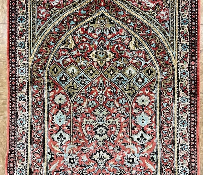 Hand-Knotted Persian Qum 100% Silk Semi-Antique Islamic Prayer Oriental Rug 2'2"X2'10" - 4